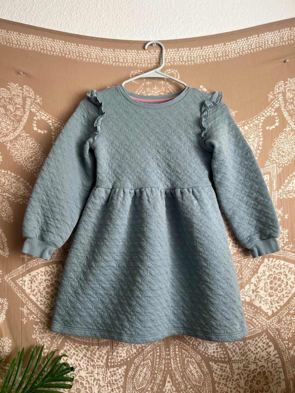 Mini Boden Girls Blue Quilted Ruffle Long Sleeve Dress 9-10Y